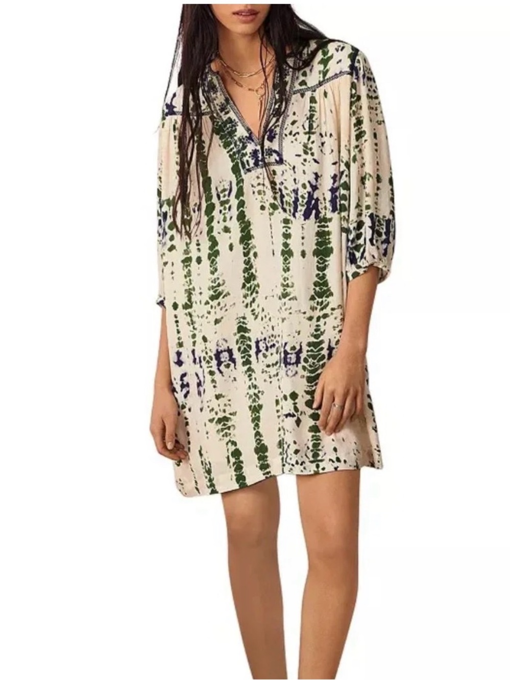 ba&sh Ilda Ivory dress with Green and Navy Tie-Dye, lined size 3 or large